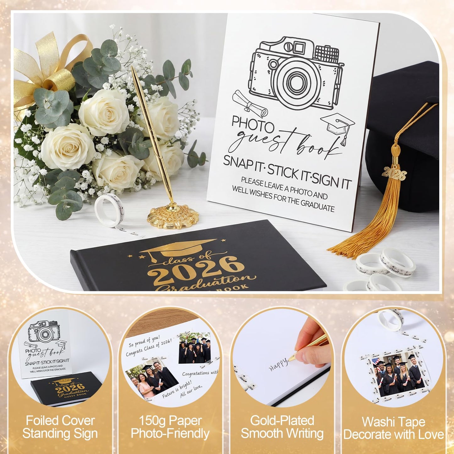 Gersoniel 8 Pcs 2026 Graduation Guest Book Set Photo Sign in Book 100 Pages Class of 2026 Scrapbook Photo Album with Pen Wooden Display Stand Washi Tape DIY for Grad High School College Party Supplies