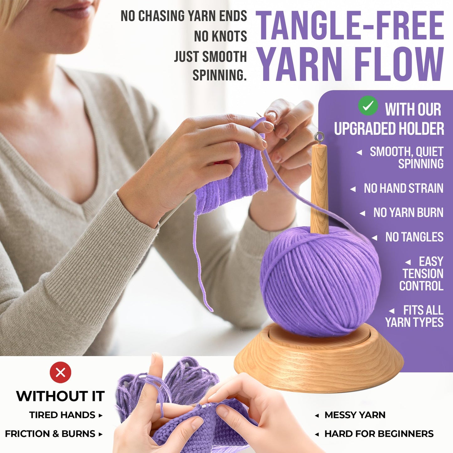 BARVA 2 in 1 Upgraded Table Chunky Yarn Holder 22 Lb & Mini Wristlet Spinner | Bracelet Spindle On the Go for Travel & Car | Wood Crochet Accessories | Compact Fiber Tools | Top Crafts Gifts for Women