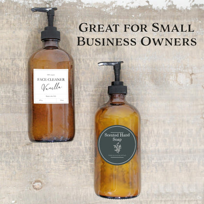 Cornucopia Brands 16oz Amber Glass Bottles w/ Pump Dispensers (2-Pack); Refillable Lotion Liquid Soap Pump Brown Bottles Labels, BPA-Free Plastic Tops