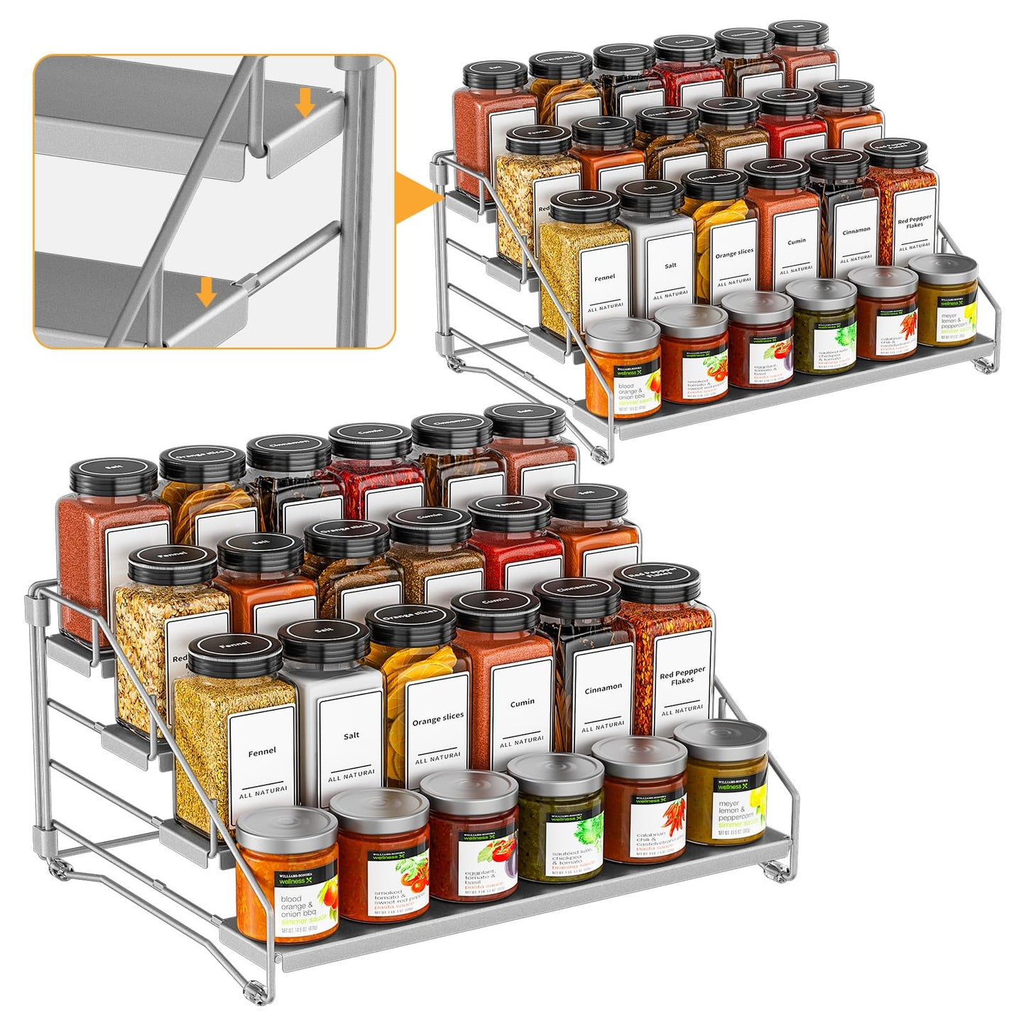 4 Tier Spice Rack for Cabinet, Spice Rack Organizer, Depth Adjustable Spice Holder for Countertop, Cupboard, Pantry, Seasoning Shelf, Metal, Black (1 Pack)