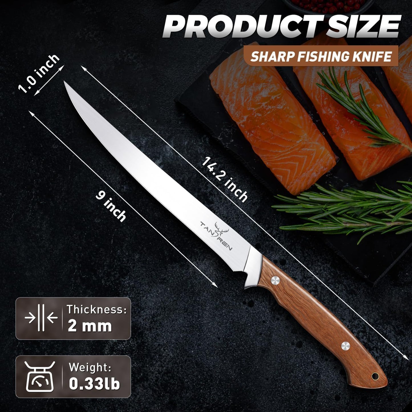 TAN REN Fillet Knife for Fish 9 Inch, Professional Stainless Steel Fishing Knives with Sheath for Filleting and Cleaning, Full Tang Filet Knife for Meat with Ergonomic Wood Handle, Father's Day Gift
