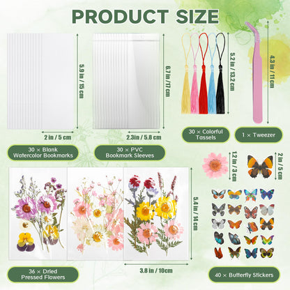 DIY Bookmark Making Kit – 30 Sets with Blank Watercolor Bookmarks, Pressed Flowers, Butterfly Stickers, Tassels, Sleeves & Tweezer – Fun Craft Kit for Painting, Unique Gifts, Book Lovers