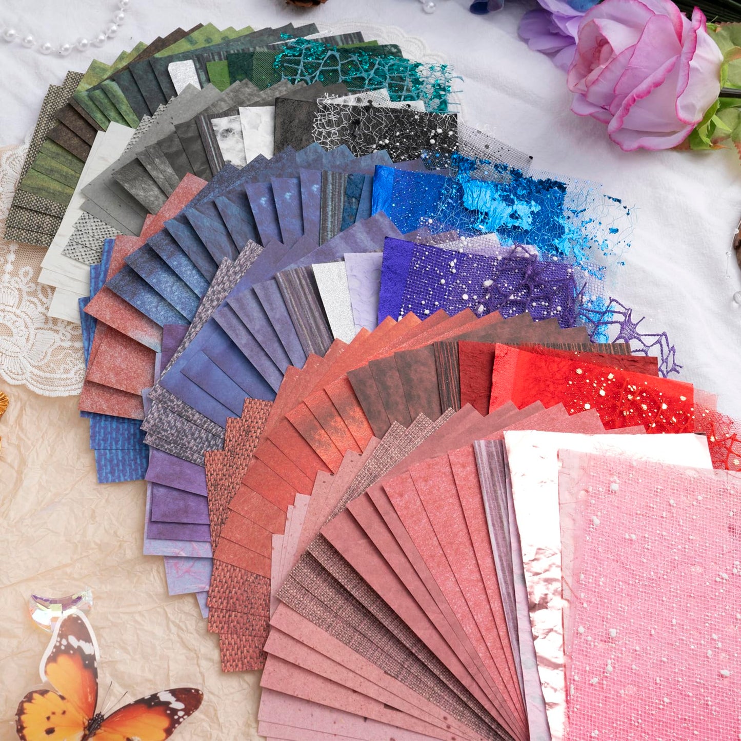 132 Sheets Textured Scrapbook Paper and Mesh Fabric Assorted Set, 6 Pack Mixed Special Paper for Scrapbooking Planner Bullet Junk Journal Supplies 5.5x4 Inch
