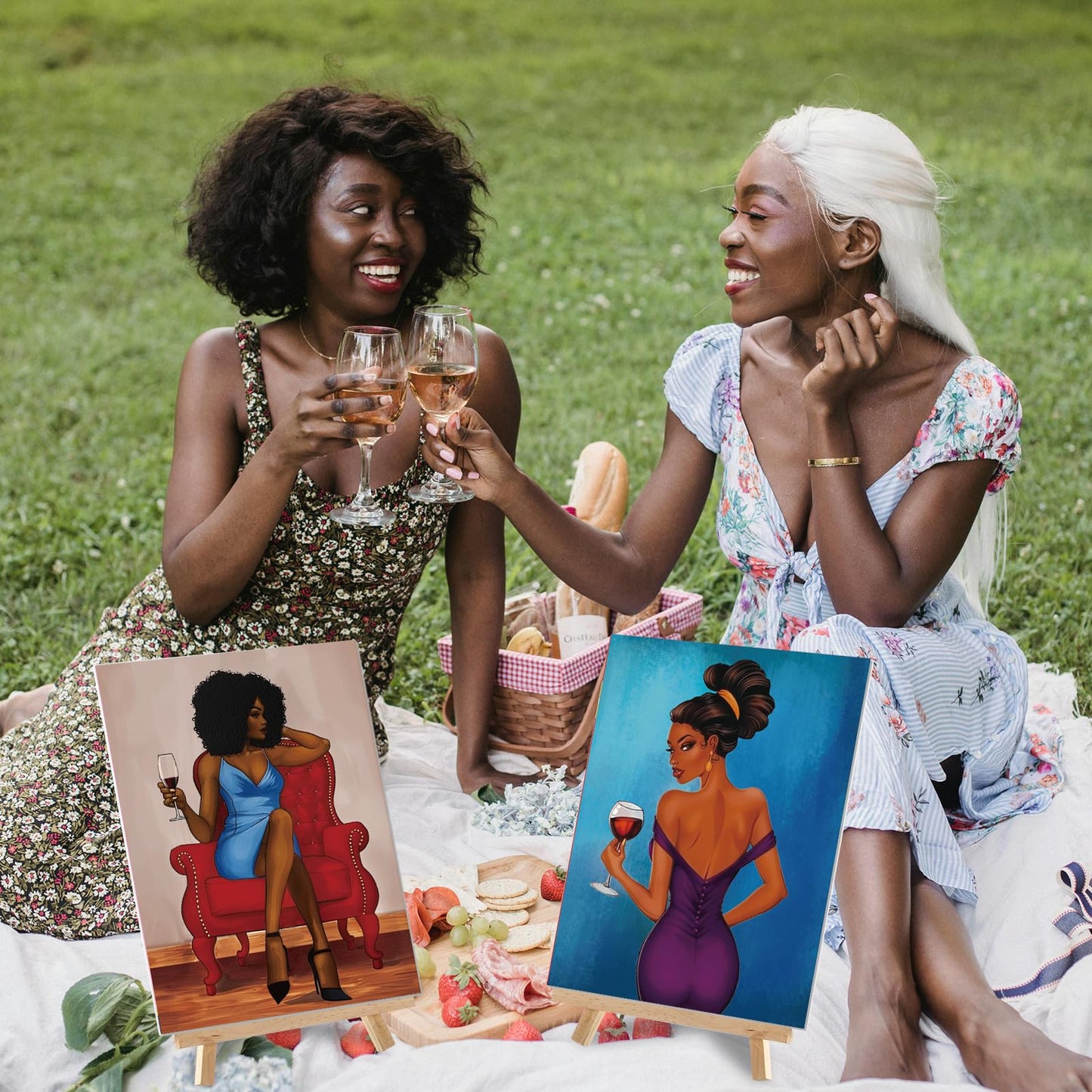 Cholemy 36 Pcs Paint and Sip Kit for Adults 8''x10'' Pre Drawn Canvas for Painting DIY Afro Acrylic Painting Kit Wood Easel Brushes Date Night Bulk for Father's Day Party Gifts(Charming Lady)