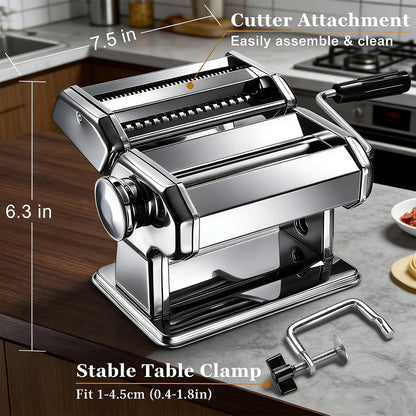 Pasta Maker Machine, Manual Pasta Maker with 9 Adjustable Thickness Settings, Stainless Steel Noodles Maker with Rollers and Cutter for Pasta, Spaghetti, Fettuccini, Lasagna