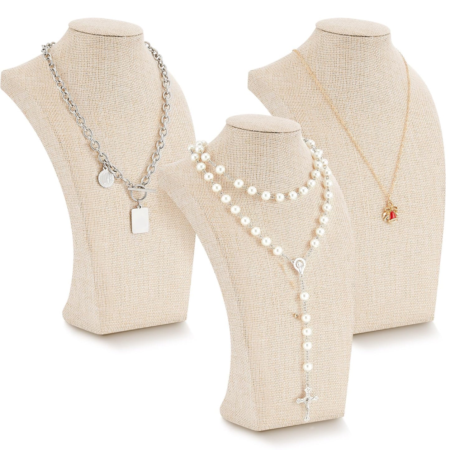 Kigley 3 Pcs Linen Jewelry Display Bust Necklace Display Stand Necklace Mannequin Holder for Jewelry Selling Trade Shows (Beige,9.8 x 3.0 x 5.7 Inches)