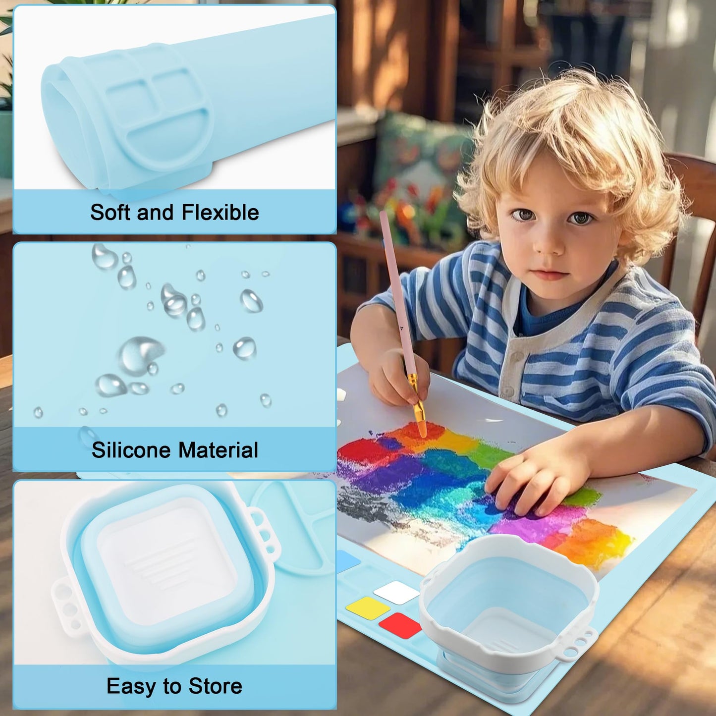 MEKOTRIN 2PCS Silicone Painting Mat, 20"X16" Art Mat with Cup and Palettes, Silicone Craft Mat has 16 Color Dividers, Paint Mat for Artist Clay DIY Creations(Blue+Green)