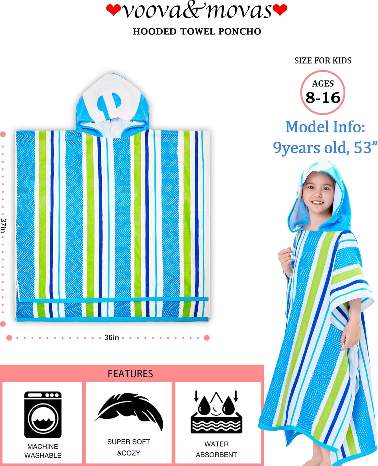 8-16 100% VOOVA & MOVAS Teens Hooded Poncho Towel for Boys | Super Absorbent Cotton Robe | Pool, Beach & Bath Towel |