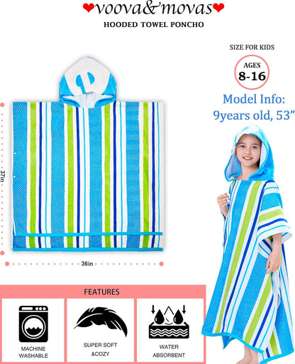 8-16 100% VOOVA & MOVAS Teens Hooded Poncho Towel for Boys | Super Absorbent Cotton Robe | Pool, Beach & Bath Towel |