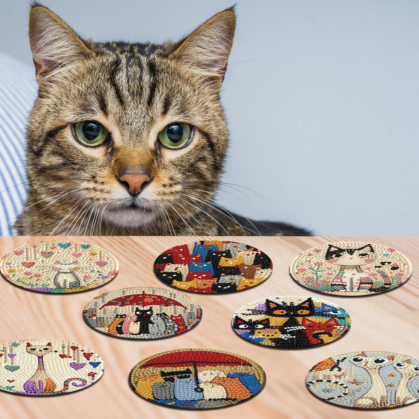 HMZephitiquc Cat Diamond Painting Coasters Kit, 8 Pcs Diamond Art Cat Coasters with Holder, 5D Small Gem Art Kit Easy Crafts, Non Slip Coaster for Home Decor Gift