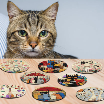 HMZephitiquc Cat Diamond Painting Coasters Kit, 8 Pcs Diamond Art Cat Coasters with Holder, 5D Small Gem Art Kit Easy Crafts, Non Slip Coaster for Home Decor Gift