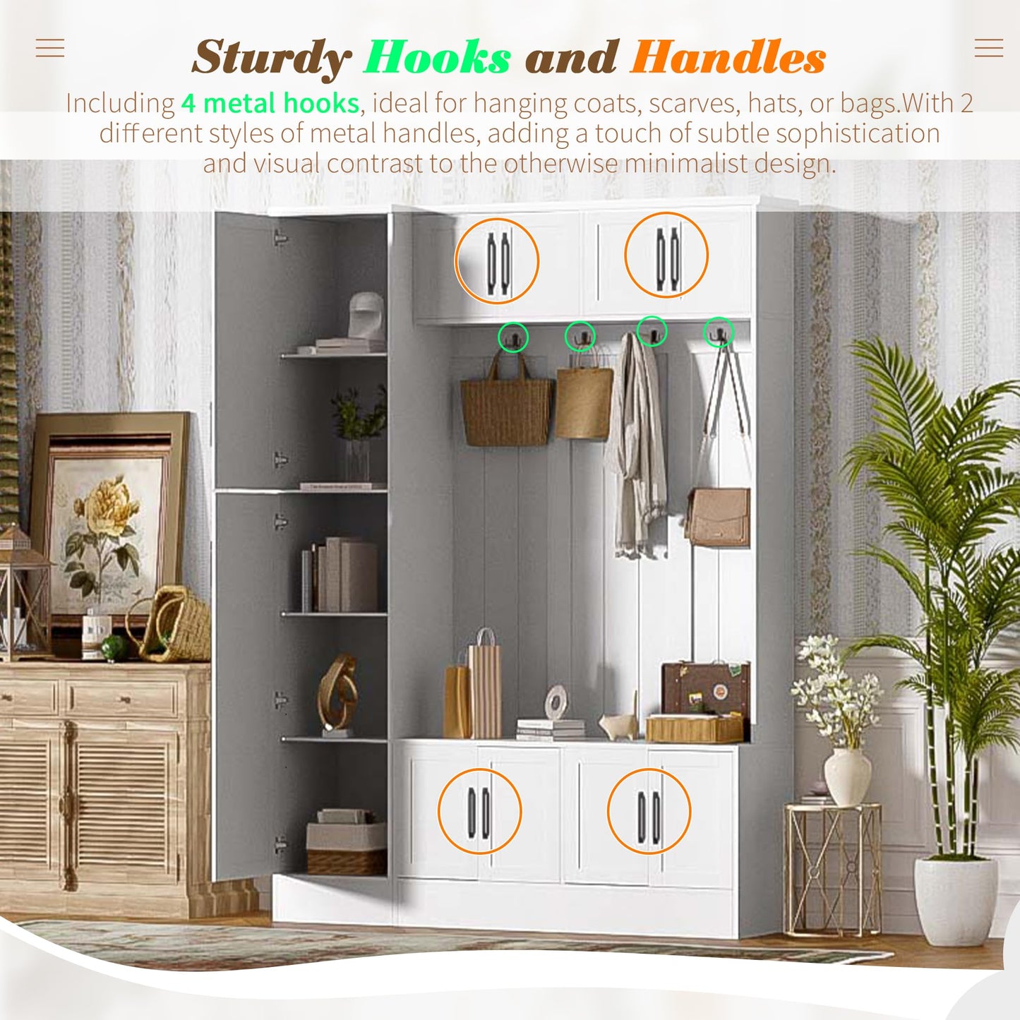 Hall Tree with Bench and Shoe Storage, Entryway Coat Rack with Storage, 4-in-1 Entryway Bench with 6 Cabinets, 4 Coat Hooks & Adjustable Shelf, Mudroom Bench with Storage and Hooks for Hallway, Livin