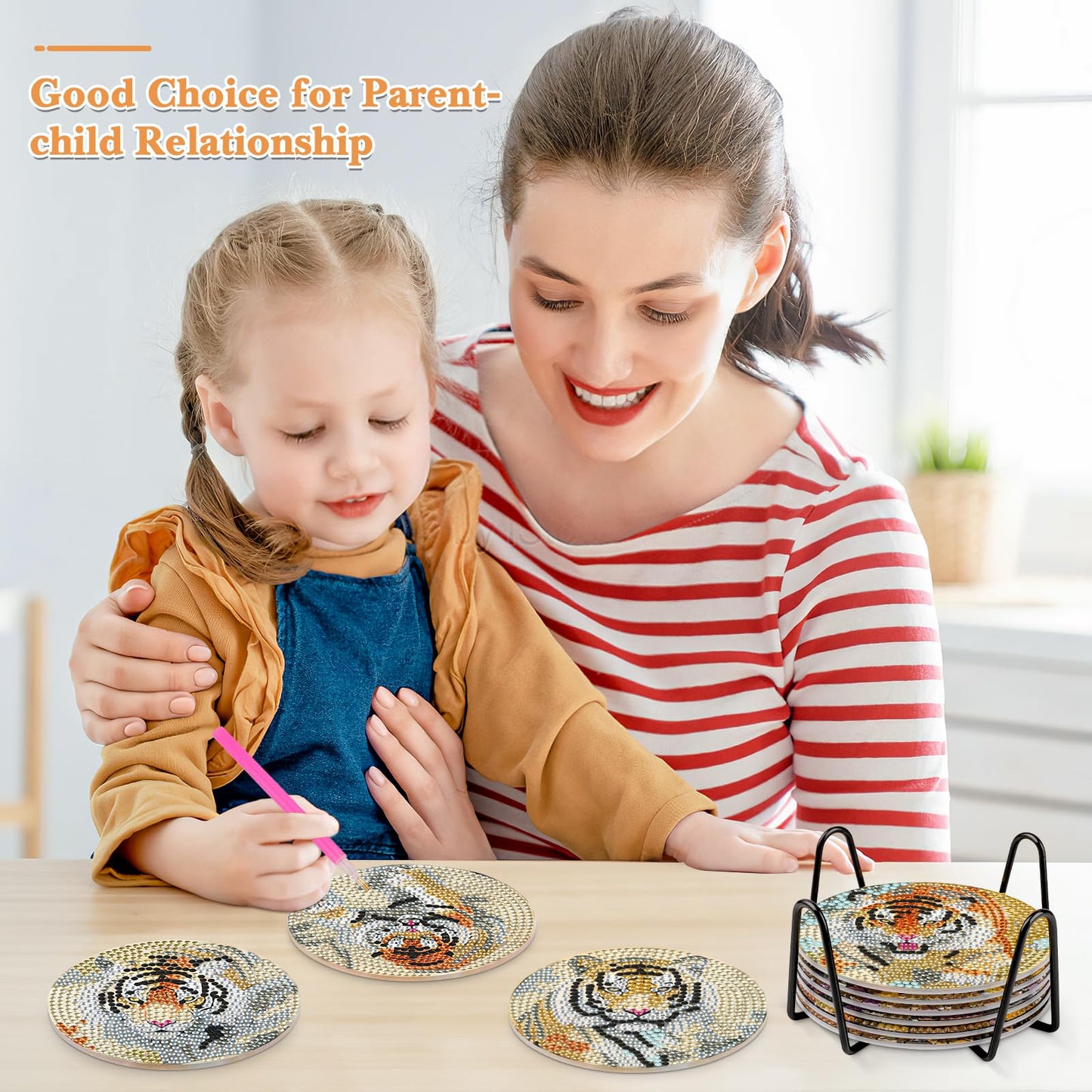 GHHKUD 6pcs Tiger Diamond Painting Coasters, DIY Life Coasters Animals Diamond Art Kits for Adults Kids, Full Drill 5D with Holder Cork Pad for Home