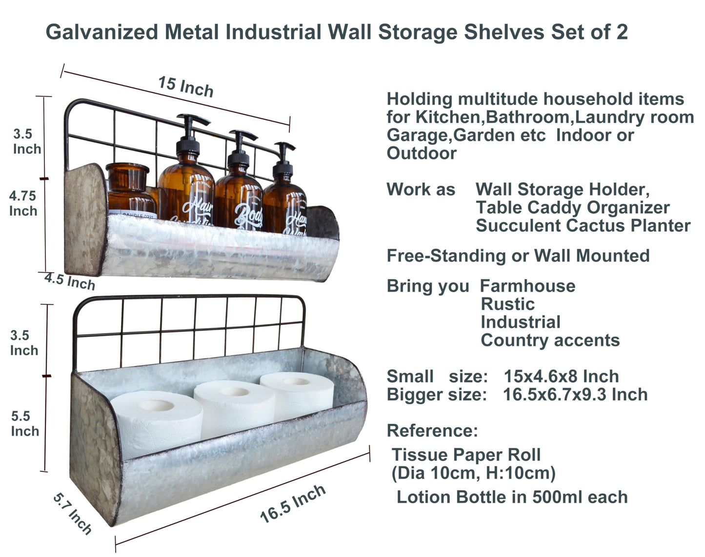 ShabbyDecor Galvanized Metal Farmhouse Wall Storage Holder Rustic Tin Shelves for Kitchen Laundry Room Bathroom Metal Hanging Wire Basket Set of 2