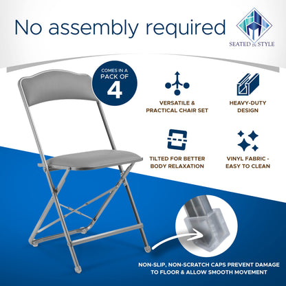 Gold Furnishings Folding Chairs with Padded Seats 4 Pack - Foldable Chair with Heavy-Duty Steel Frame, Elegant Party Bridge Chairs for Outside, Home, Office, Indoor & Outdoor Events - Silver/Grey