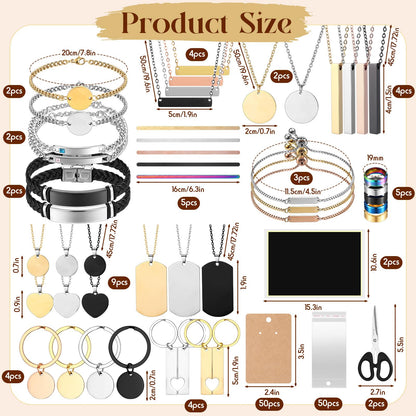 Quelay 99 Pcs Laser Engraving Materials Bulk Include 46 Jewelry Making Engraving Accessories Kit Necklace Bracelet Ring Keychain with Laser Marking Paper for Laser Engraver DIY Crafting Supplies