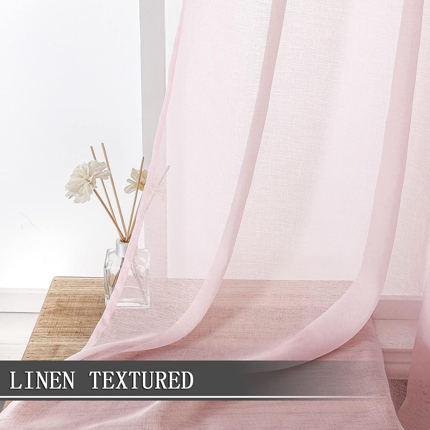 Tollpiz Sheer Curtains Set of 2 Panels | 54 x 63 inches Pink Linen Textured Light Filtering Voile Curtains for Living