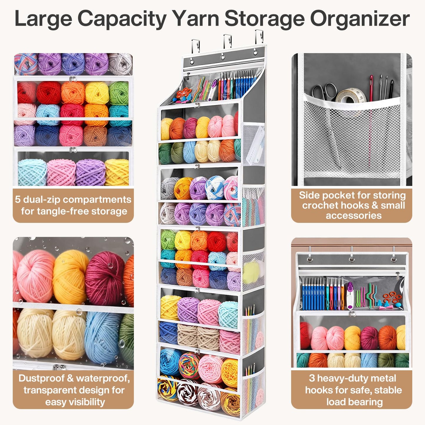 Hanging Yarn Storage Organizer with 5 Zipper Closure Compartments, Large Capacity Knitting Organizer Storage, Over the Door Hanging Knitting Yarn Holder for Crochet, Knitting Needles, Clear Grey