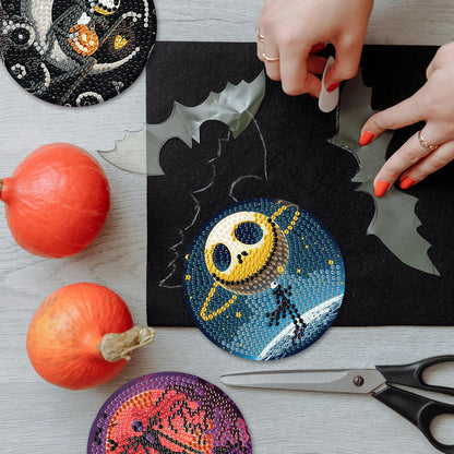 8 Pcs Halloween Diamond Painting Coasters Kits for Adults Beginners, DIY Horror Skull Diamond Art Coasters with Holder, Full Drill Rhinestone Painting Coaster Kits for Supplies Gifts 4X4 Inch.