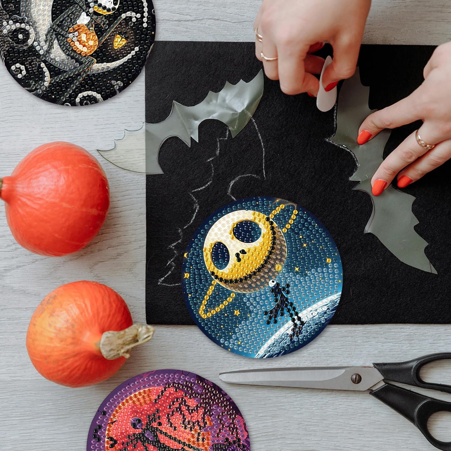 8 Pcs Halloween Diamond Painting Coasters Kits for Adults Beginners, DIY Horror Skull Diamond Art Coasters with Holder, Full Drill Rhinestone Painting Coaster Kits for Supplies Gifts 4X4 Inch.