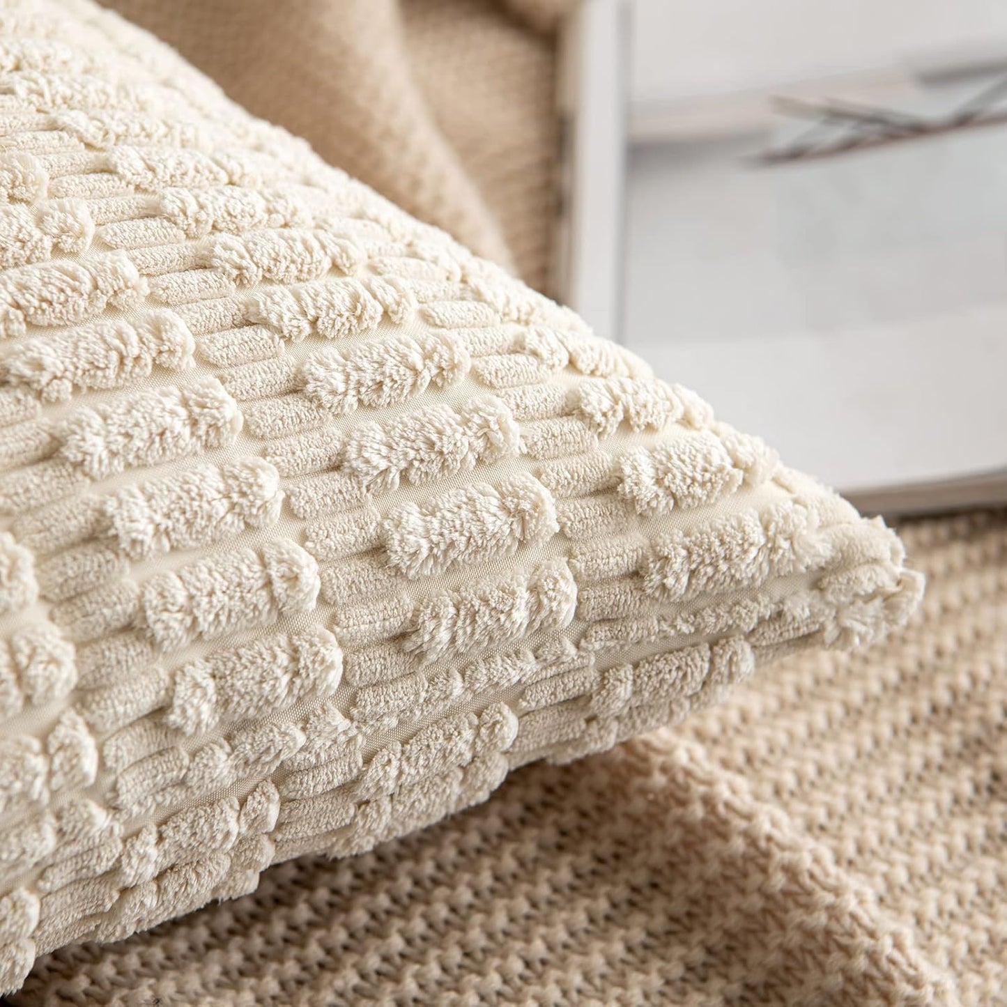 MIULEE Euro Sham Pillow Covers - Soft Boho Striped Corduroy | Set of 2, 22x22 Inch, Cream White