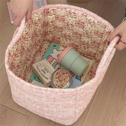Neaonau Quilted Fabric Storage Basket with Handles & Pocket, Foldable Laundry Hamper Boho Floral Print Organizer Bin for Home, Picnic, Office 12"x10"x10" (A-4)