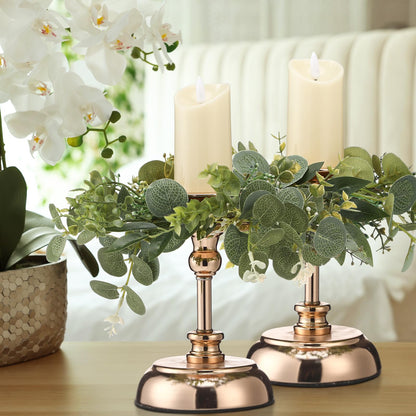 Thiccywoov 6 Pcs Artificial Eucalyptus Leaves Candle Rings Wreaths 9. 8 Inch Small Boho Greenery Wreath Pillar Candle Holder for Candleholders Kitchen Cabinet Wedding Home Door Table Decor