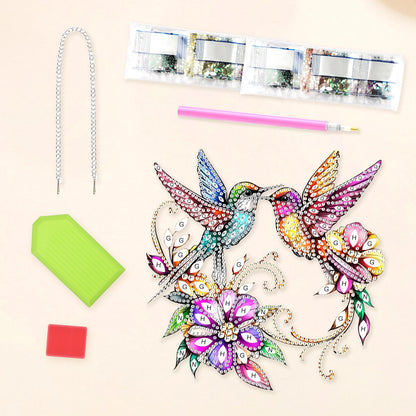 Lxmsja DIY Colorful Hummingbirds Diamond Painting Hanging Ornament, Double-Sided Acrylic Bright Flowers Diamond Art Kit, Special Shaped Suncatcher Hanging Pendant Window Art Kit 8x8 inch