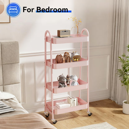 NEWBULIG 4-Tier Metal Rolling Cart with Lockable Wheels, Heavy Duty Mobile Utility Storage Shelf, Roller Book Snack Cart, Organization for Livingroom, Bathroom, Office, Pink