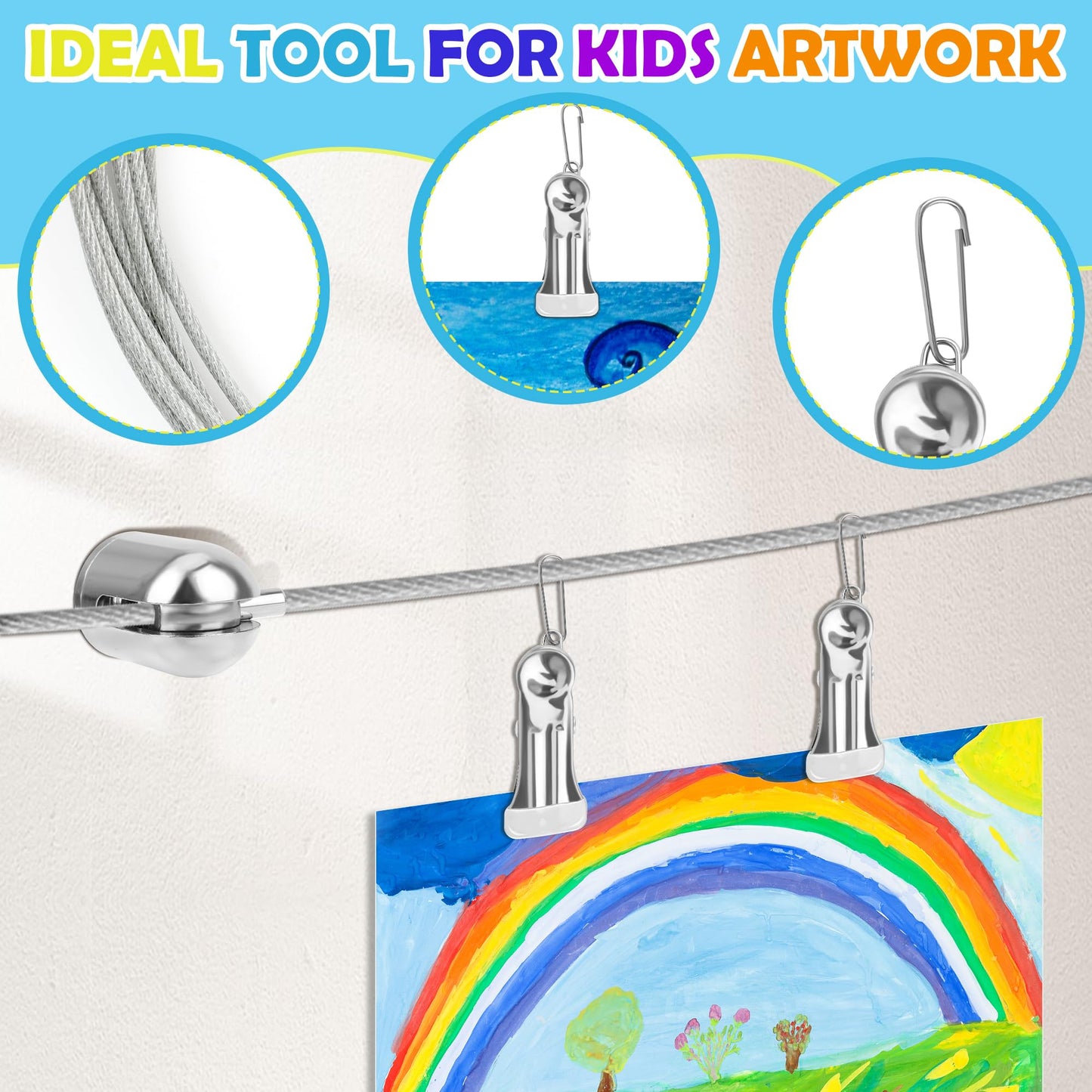Windspeed Kids Artwork Display Wall Decor for Hanging Photo Kids Art Display for Classroom, with 118 in Alloy Steel Wire, 48P Hanging Clips