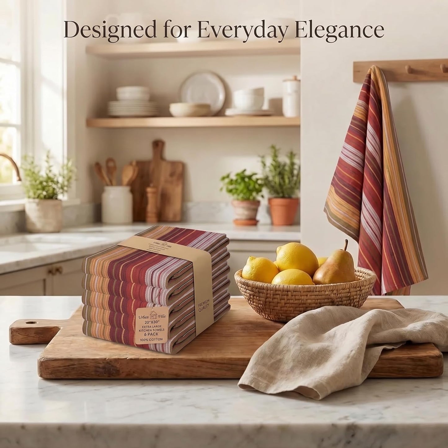 Set 6 20" X30 100% Urban Villa Kitchen Towels Harvest Stripes Towels of Cotton Highly Absorbent Quick Drying Dish