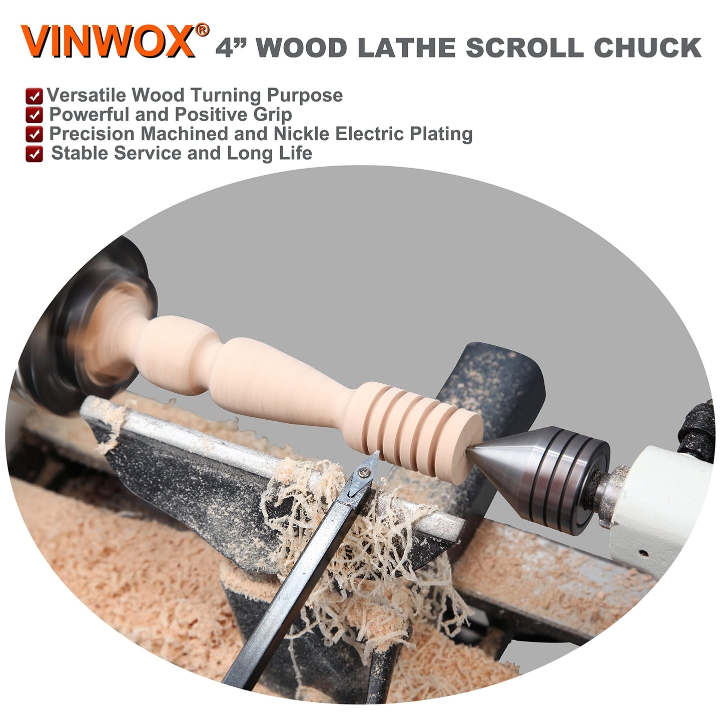 VINWOX SCR4-4NV-SET 4" Wood Lathe Scroll Chuck Set, 4-Jaw Self-Centering Chuck-Set, with Nickle electric Coating Body & 1"x8TPI thread & 3/4"x16TPI Adapter