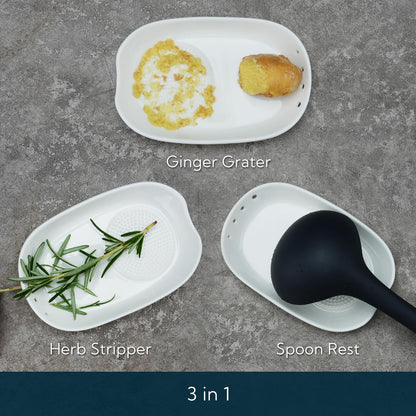 KITCHENDAO 3 in 1 Porcelain Ginger Grater Tool Spoon Rest Herb Stripper, 6.5 x 4.3 inches for Kitchen, Japanese Ceramic Garlic Grinding Wasabi Grater Plate Dish for Daikon Radish & Parmesan Cheese