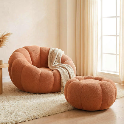 Premium Cloud Velvet Bean Bag Chair Set | 43.3" Ergonomic Pumpkin Lounger & Ottoman for Adults, Thick High-Resilience Foam, No Assembly, Compact for Living Room & Bedroom