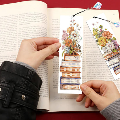 Focart 4 Pack Book and Flower Diamond Painting Bookmark Kits, Special Shaped Diamond Art Bookmarks with Pendant, DIY Handmade Crafts Home Office Supplies Reading Bookmark for Book Lovers