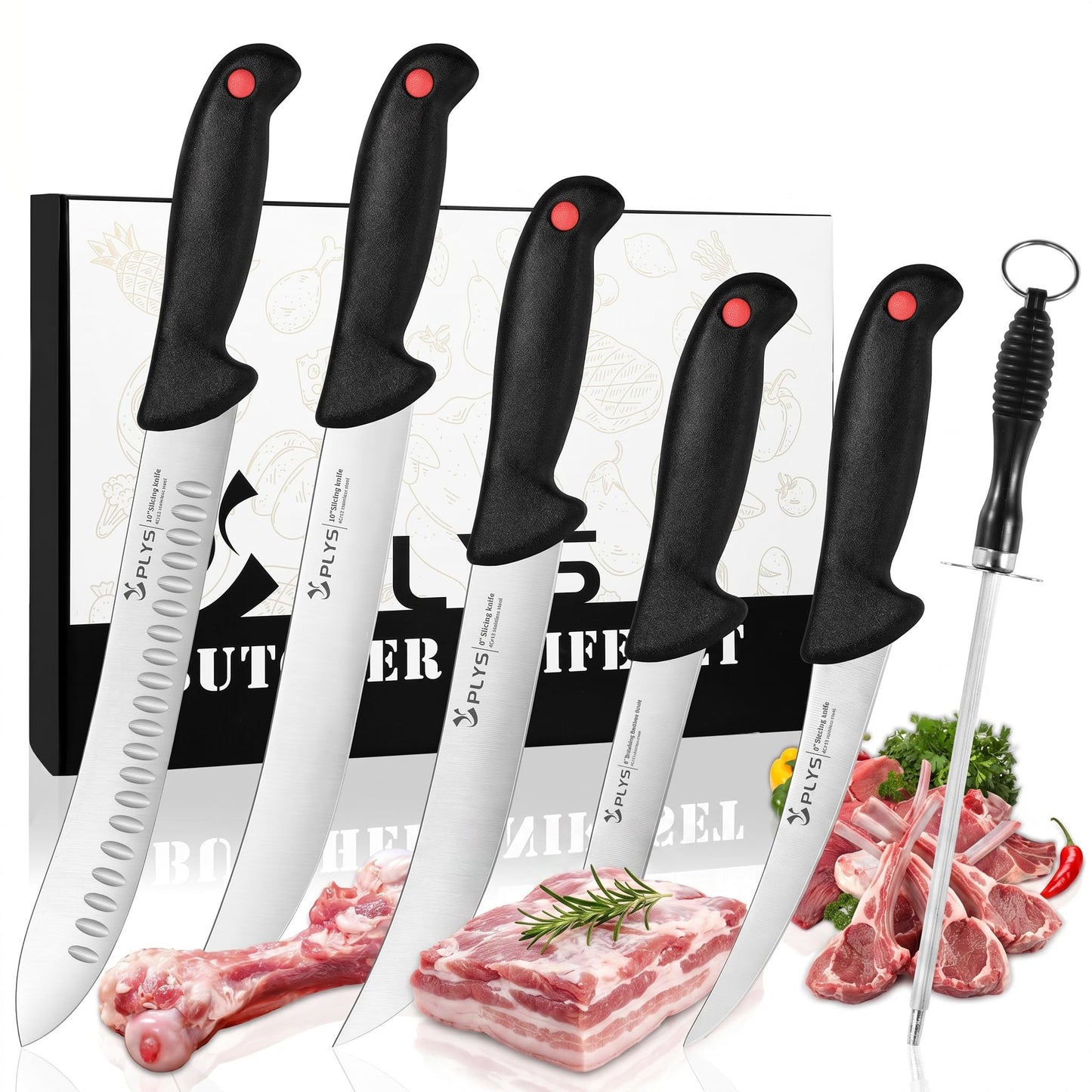 Plys From Prep to Plate: The 7-Piece Butcher Knife Set for Complete Meat & BBQ Mastery Featuring 10" Butcher, 6" Boning/Skinning/Fillet, and 8"/10" Slicing Knives in 4Cr13Mov Steel.