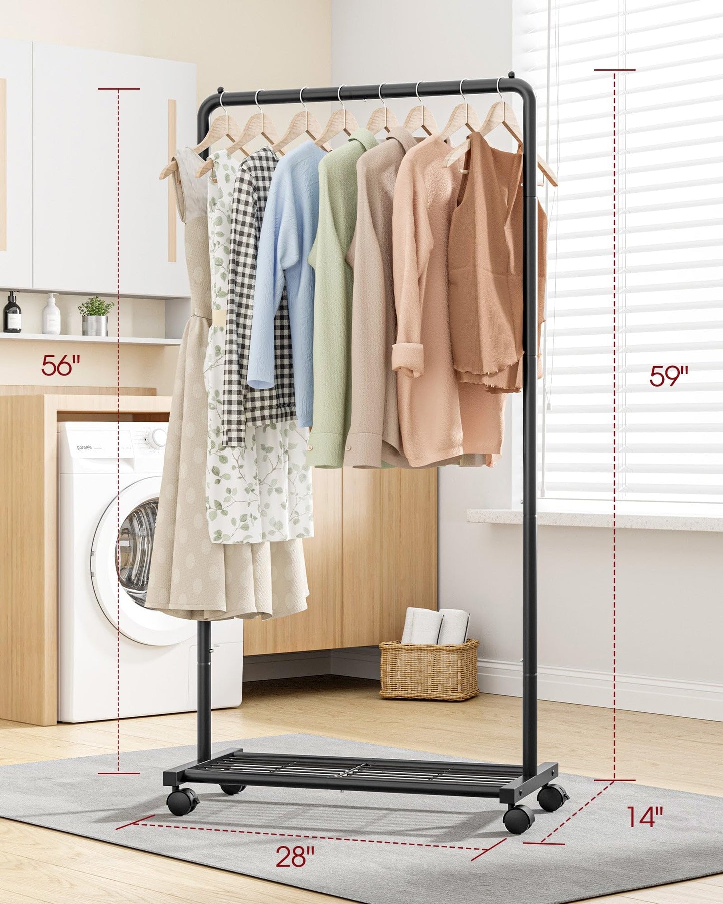 Sakugi Clothes Rack - Clothing Rack with Storage Mesh Shelf & Casters, Heavy-Duty Metal Clothing Rack for Hanging Clothes, Dresses, Coats, Large Load Capacity, Easy Assembly, Black, 28.0"x14.0"x59.0"