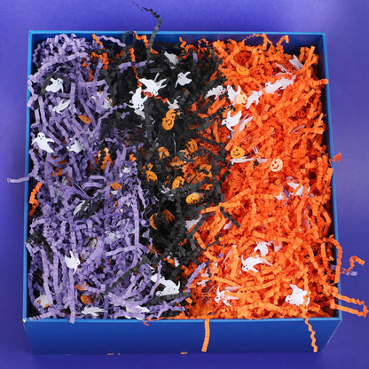 FOIMAS Halloween Crinkle Cut Paper,9.87oz Black Orange Purple Shred Raffia Paper with Pumpkin Ghost Confetti for Trick or Treat Halloween Bakset Gift Packaging Supply
