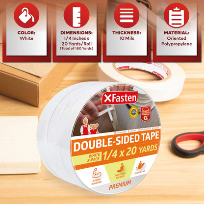 XFasten Double Sided Tape, Removable, 1/4-Inch by 20-Yards, Pack of 8 Ideal as a Gift Wrap Tape, Holding Carpets, and Woodworking