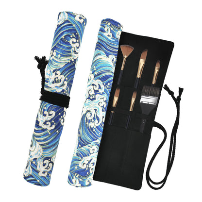 Funny live Paint Brush Holder Art Supplies, Artist Brush Holder & Art Supply Storage Organizer Roll-Up Case Bag, Protect Acrylic Oil Watercolor Paintbrushes (Blue Sea Wave-20 Slot Pockets)