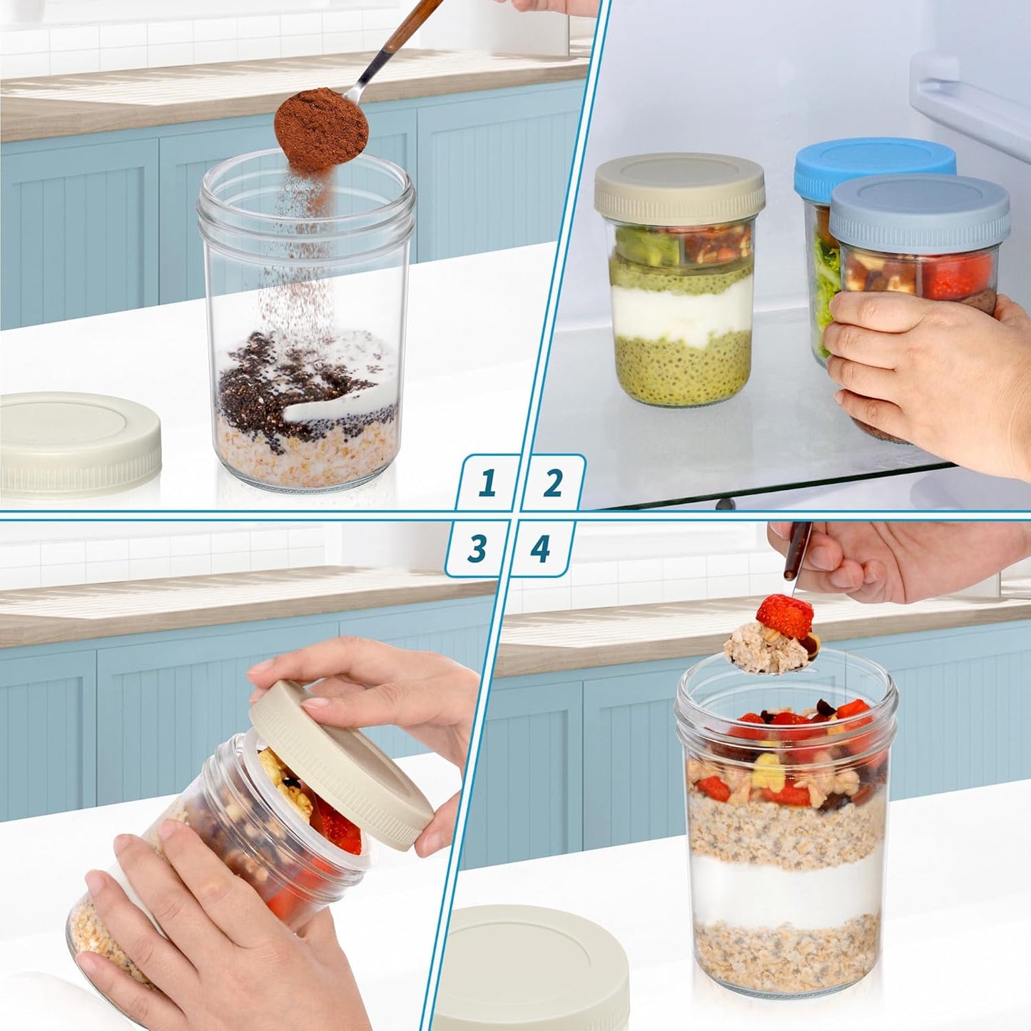 16 oz 6-Pack Xyptorix Overnight Oats Containers with Airtight Lids - Leak-Proof Wide Mouth Mason Jars & Divided Cups
