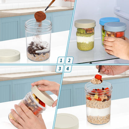 16 oz 6-Pack Xyptorix Overnight Oats Containers with Airtight Lids - Leak-Proof Wide Mouth Mason Jars & Divided Cups