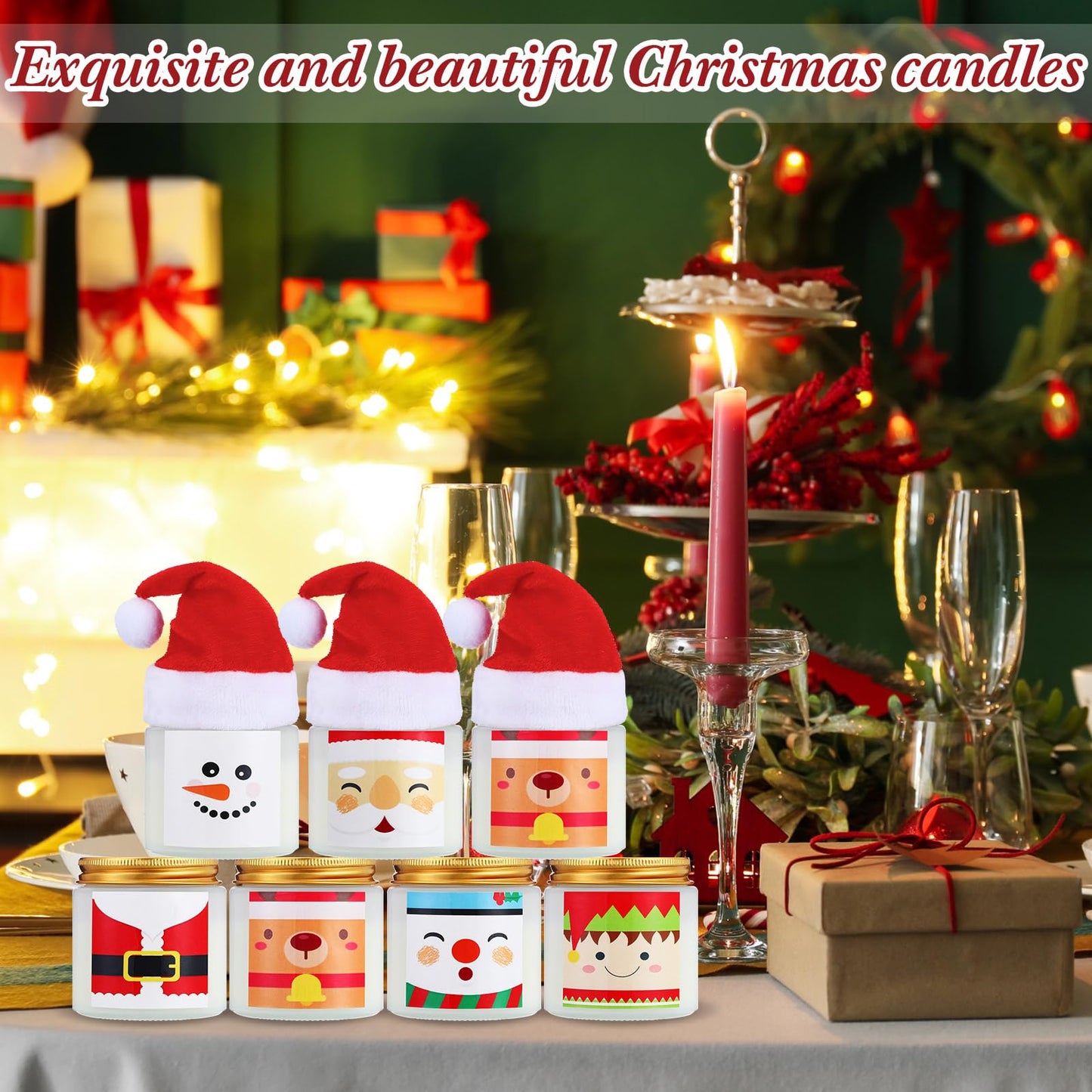 Conelist 48 Pack Christmas Scented Candles Jar Set Include 24 Pcs 7oz Soy Wax Aromatherapy Candles and 24 Pcs Mini Santa Hat Holiday Party Favor Gift Bulk for Women Men Adult Coworker