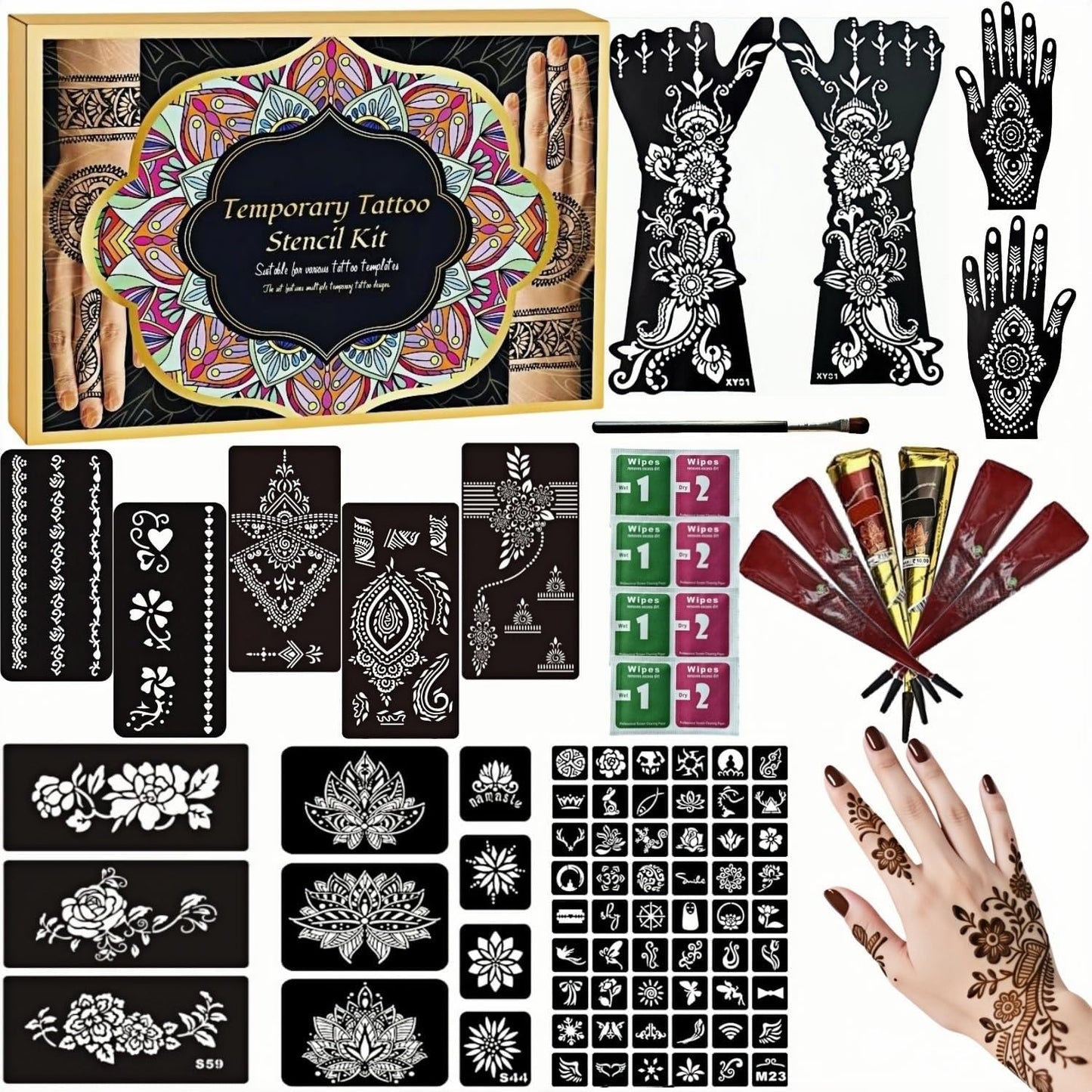 ManYan HaiYan Temporary Tattoo Stencils Kit - Reusable 12 Large Sheets, 78 Unique Designs - 6 Tattoo Cones 3 Colors (Brown/Black/Maroon) with Brush & Wipes for DIY Body Art, Festivals, Parties, Makeup