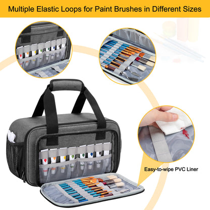 Acrylic Paint Organizer Bag for up to 54 Bottles (2 oz), Art Supply Storage Case with Handle Strap, Extra Pocket for Paint Brushes, etc, Aluminum Foil Liner for Easy Cleaning, Patented Design (Grey)