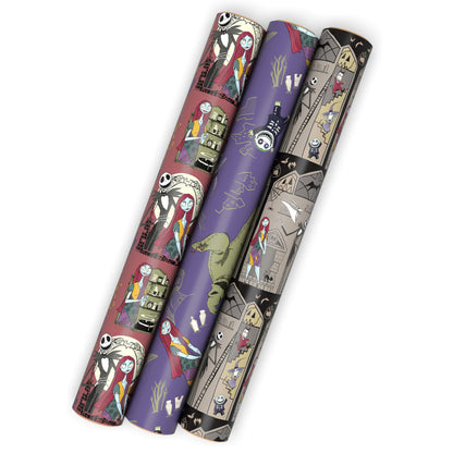 Hallmark Nightmare Before Christmas Wrapping Paper Mini Rolls, 3-Pack (Jack Skellington, Sally, Zero on Pink, Purple, Black) for Birthdays, Valentine's Day, Halloween, Any Occasion - 45 Sq. Ft. Total