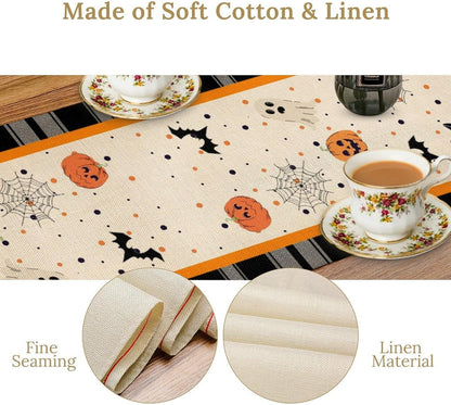 Nitmbi 13x72inch Halloween Table Runner,Buffalo Plaid Gnome Bat Pumpkin Ghost Pattern Retro Table Runner for Coffee