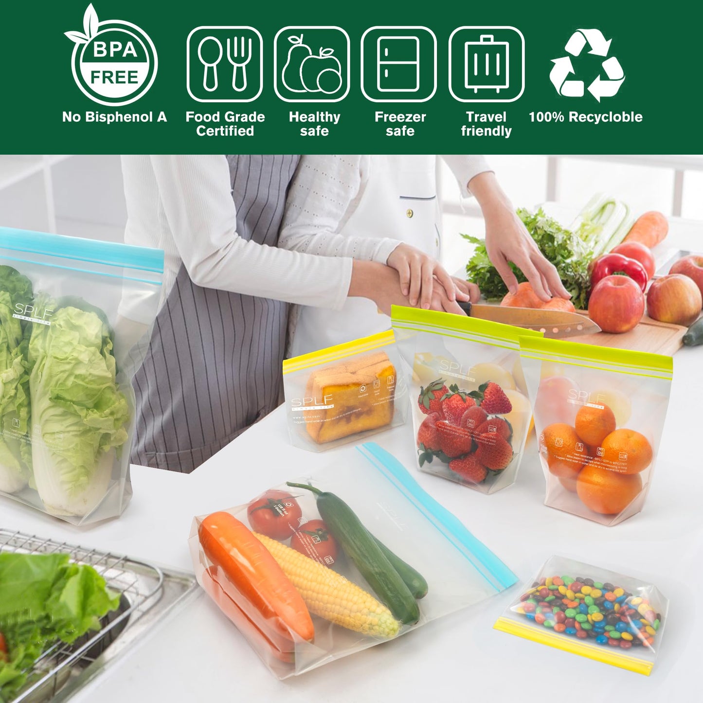SPLF 24 Pack Reusable Food Storage Bags Dishwasher Microwave Safe, BPA Free Reusable Freezer Bags, Silicone Free Containers for Meal Prep, Fridge Kitchen Organization - 8 Gallon 8 Sandwich 8 Snack