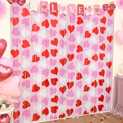 Mega-L Birthday Party Decorations - 2 Pack Red, Pink & White Heart Foil Fringe Curtains | 3.3x6.6 ft Tinsel Backdrop