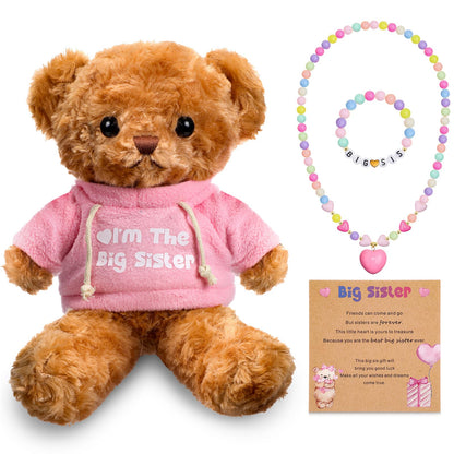 Taiyin 5 Pcs Big Sister Gift Set Big Sister Bear with Colorful Bracelet Necklace Jewelry Pink Stuffed Animal Bear Doll Toy Gift for Who Promoted with Beautiful Greeting Card and Box